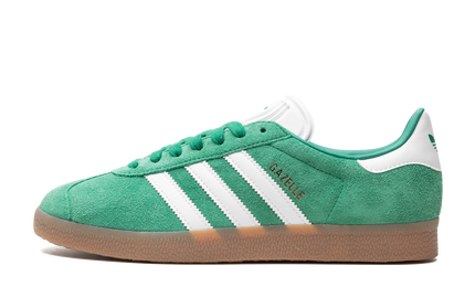 Groene Adidas Gazelle schoenen met gumrubber zool en leren bovenwerk, geschikt voor casual en sportieve stijlen.