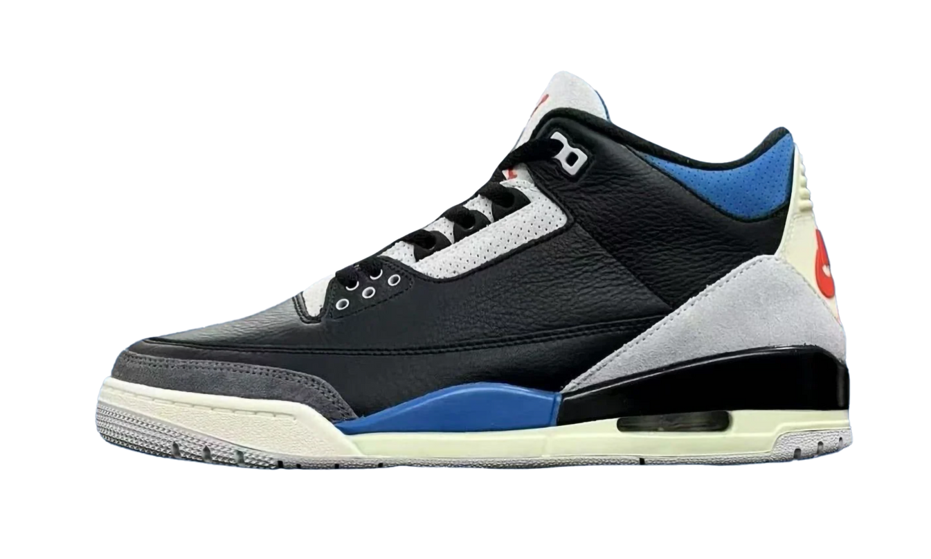 Zwarte en witte Air Jordan 3 sneakers met 'Rare Air' details, zichtbaar op de schoenen voor mannen.