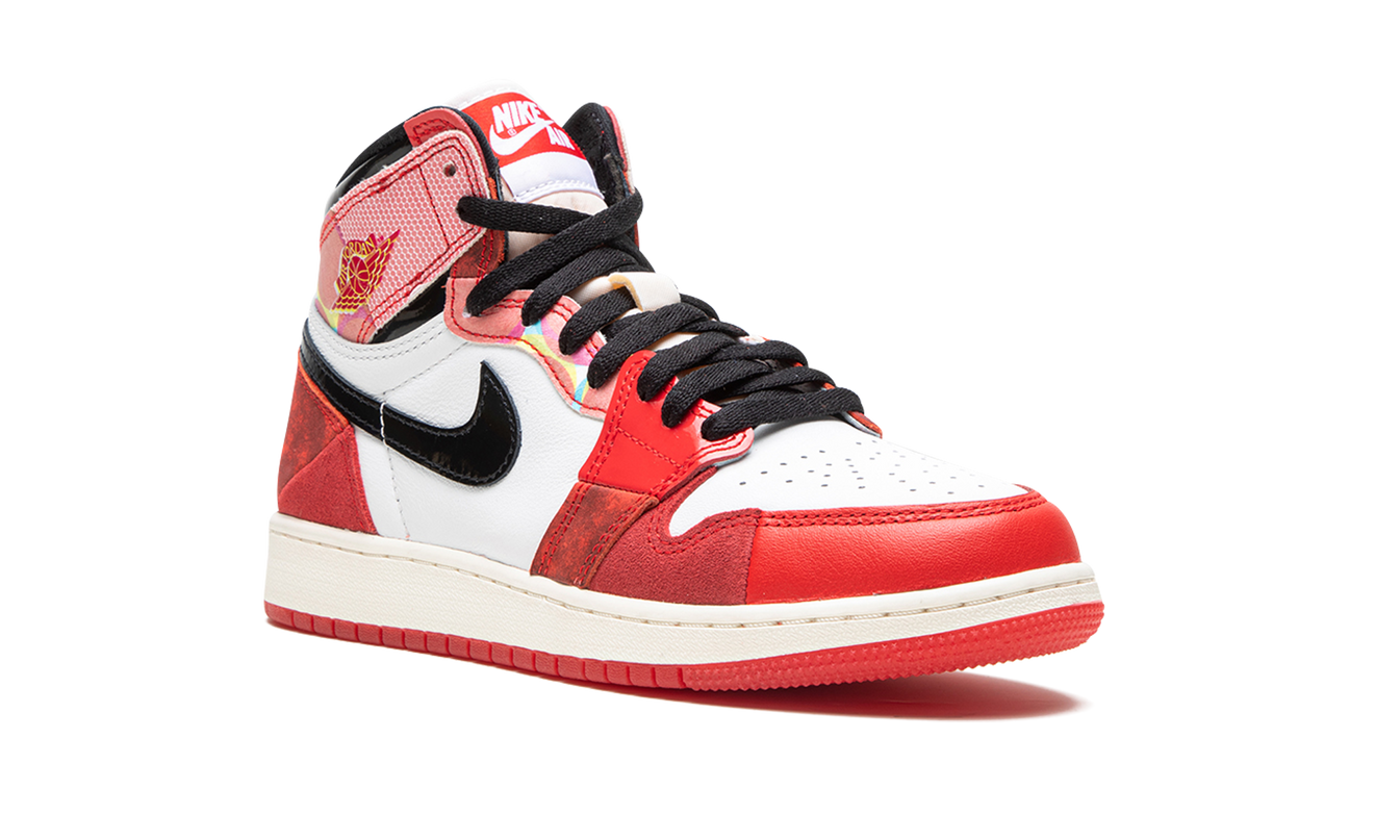 Leren Air Jordan 1 High OG GS schoenen met Spider-Man Across the Spider-Verse design en rood-blauwe details