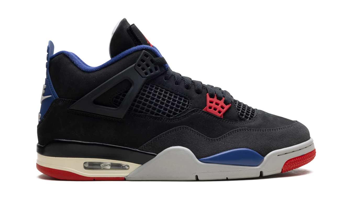 Lucht Jordan 4 "Rare Air" schoenen in wit en zwart met gekleurde details, zicht van de zijkant.