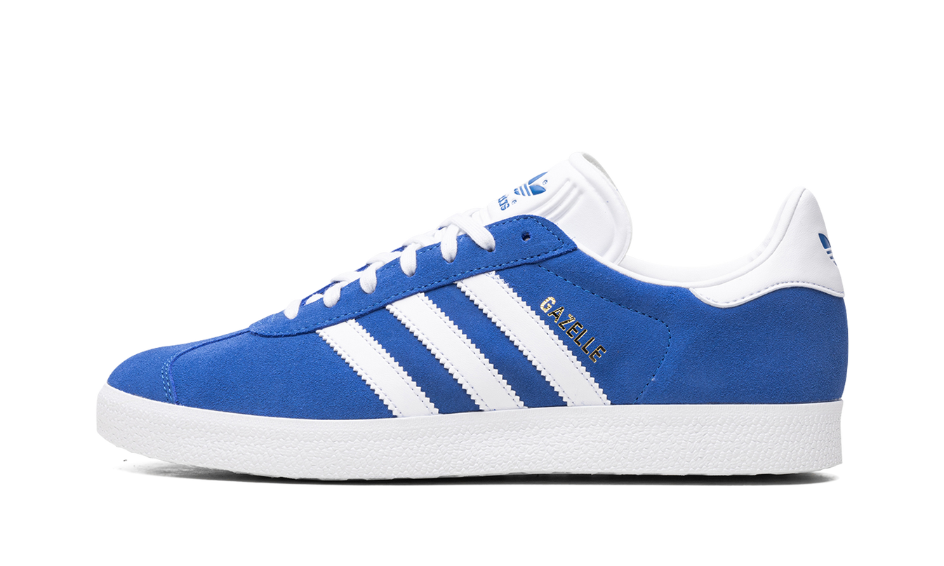 Blauwe en witte Adidas Gazelle schoenen met leren bovenwerk en witte zool, sportieve schoenen voor dagelijks gebruik