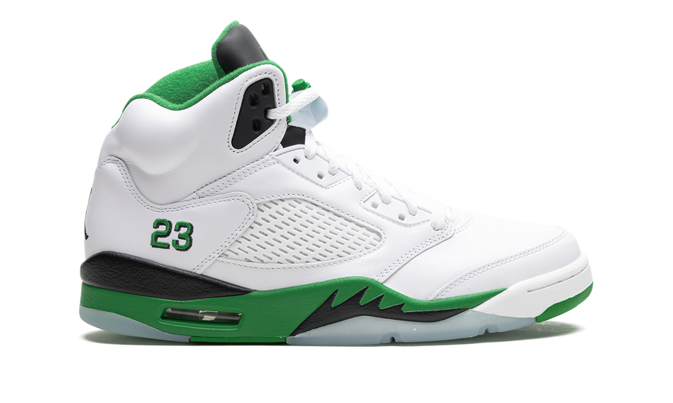 Sneakers Air Jordan 5 WMNS "Lucky Green" in groen en zwart met details, ontworpen door Mijn winkel.