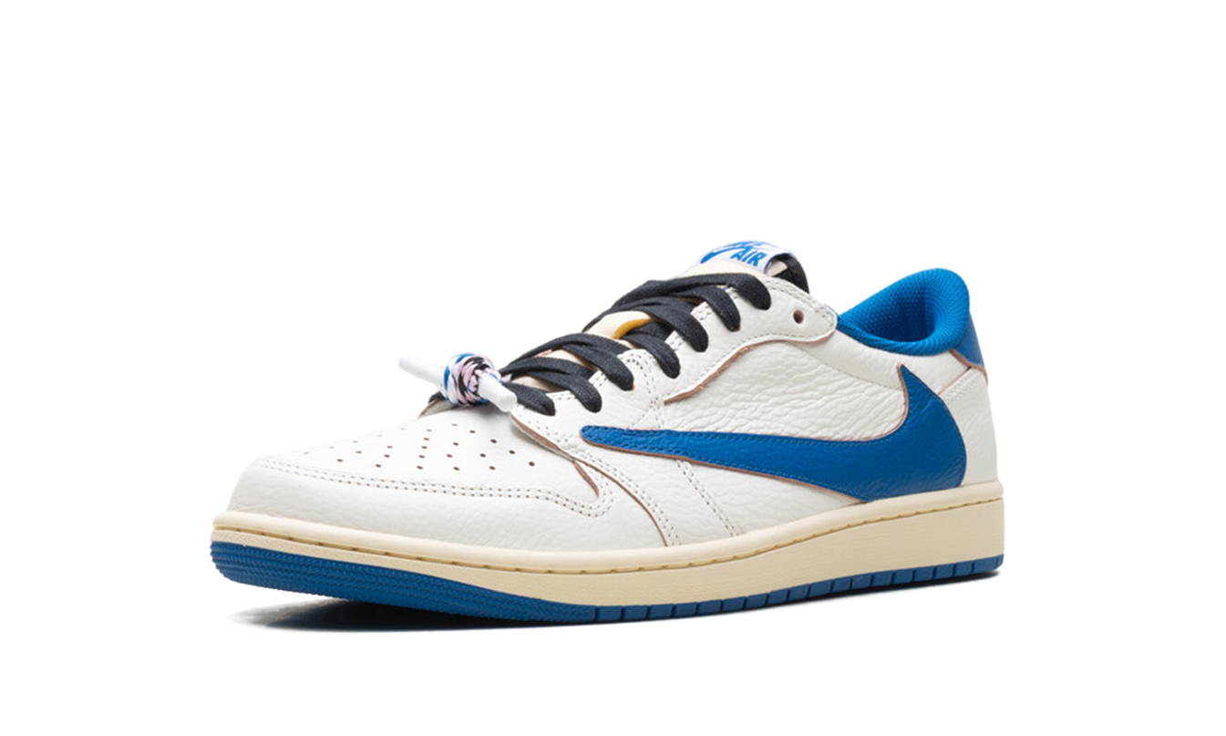 Lichte Sail Air Jordan 1 Low sneakers met Travis Scott en Fragment ontwerp, lage schoenen met beige en bruine details
