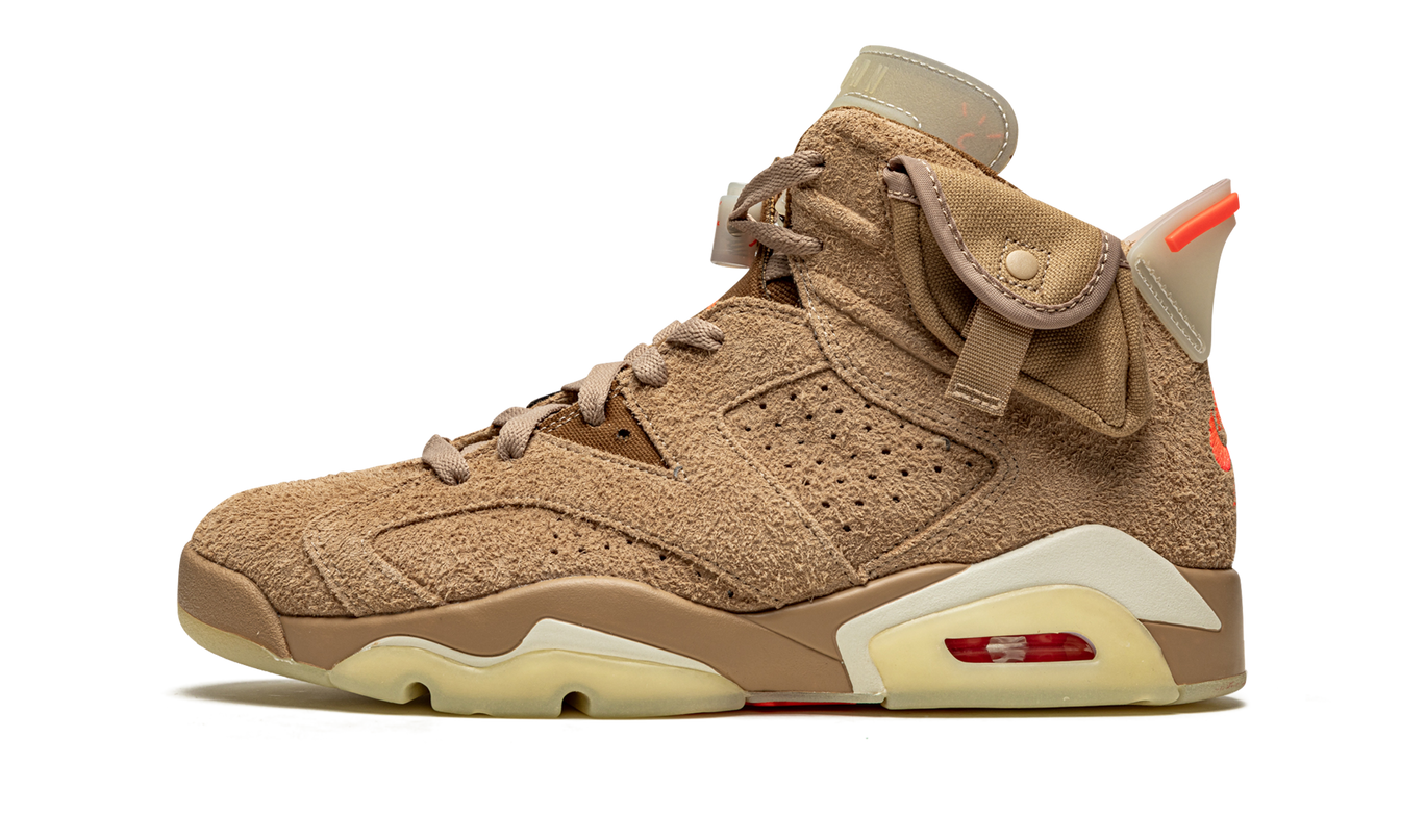 Lichte Air Jordan 6 Retro "Travis Scott" schoenen in British Khaki kleur met zwart en groene accenten, voor heren en dames