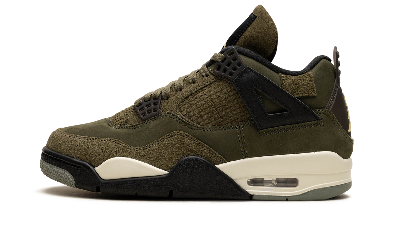 Bruine Air Jordan 4 Craft sneakers met olijfgroene accenten en stijlvolle details, perfect voor sneakerliefhebbers.