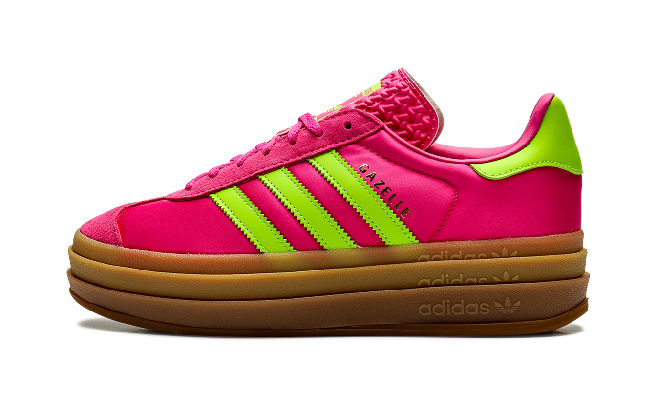 Dames Adidas Gazelle Bold WMNS schoenen in Slime Fuchsia, roze en paarse sneakers met witte zool en sportieve details