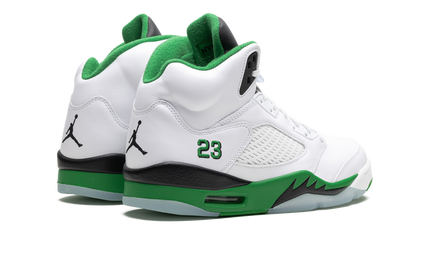 Witte en groene Air Jordan 5 WMNS sneakers met groen detail en witte zool, sportieve schoenen van Mijn winkel