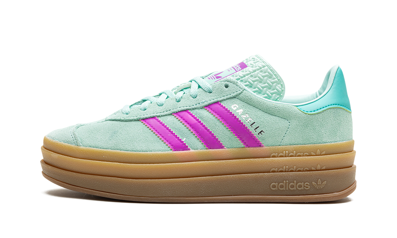 Groene en roze Adidas Gazelle Bold GS schoenen voor kinderen, gemaakt door Mijn winkel, met suède en leren details.
