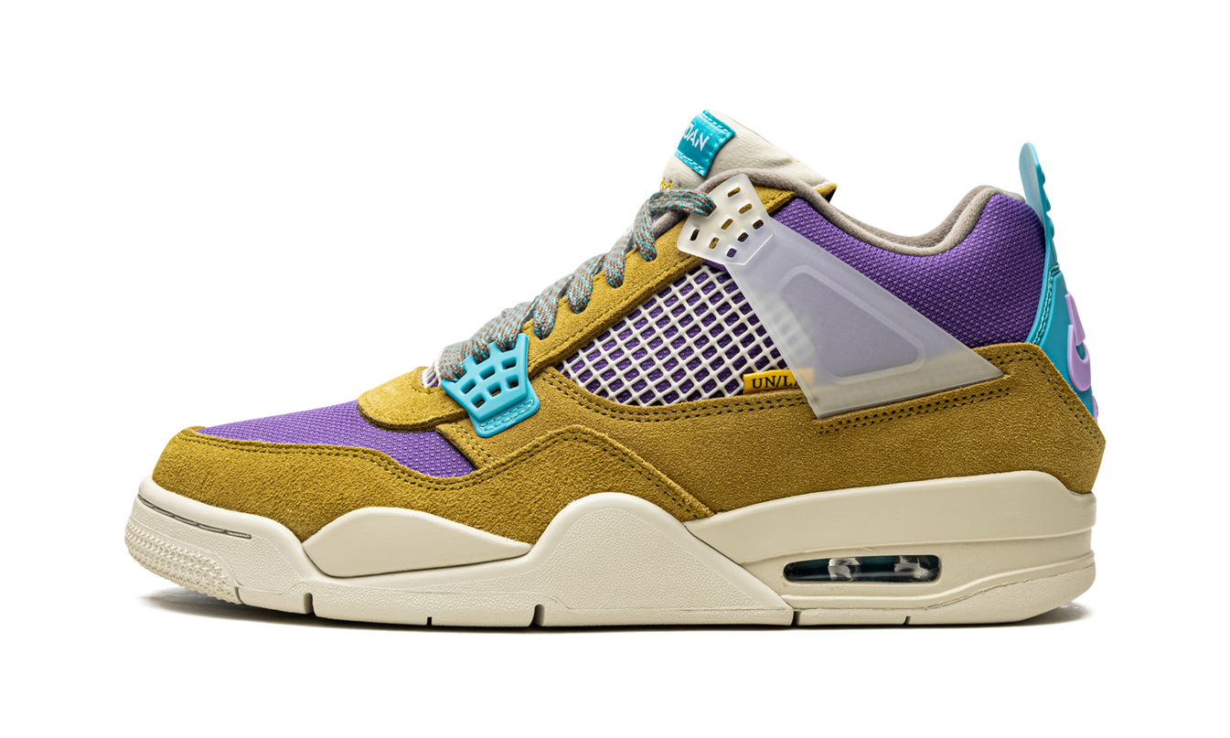 Sneakers Air Jordan 4 Retro SP Union 30th Anniversary Desert Moss met groene en beige details, zicht van de voorkant