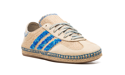 Linnen khaki en lichtblauwe Adidas Gazelle schoenen met CLOT-logo, casual sneakers voor heren en dames