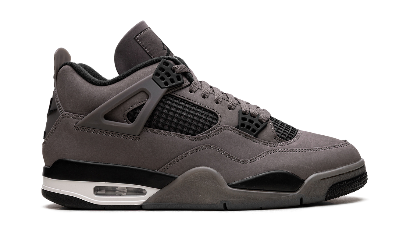 Leren Air Jordan 4 "Cave Stone" sneakers in grijstinten met witte details en zwarte accenten, zichtbaar vanaf de zijkant.