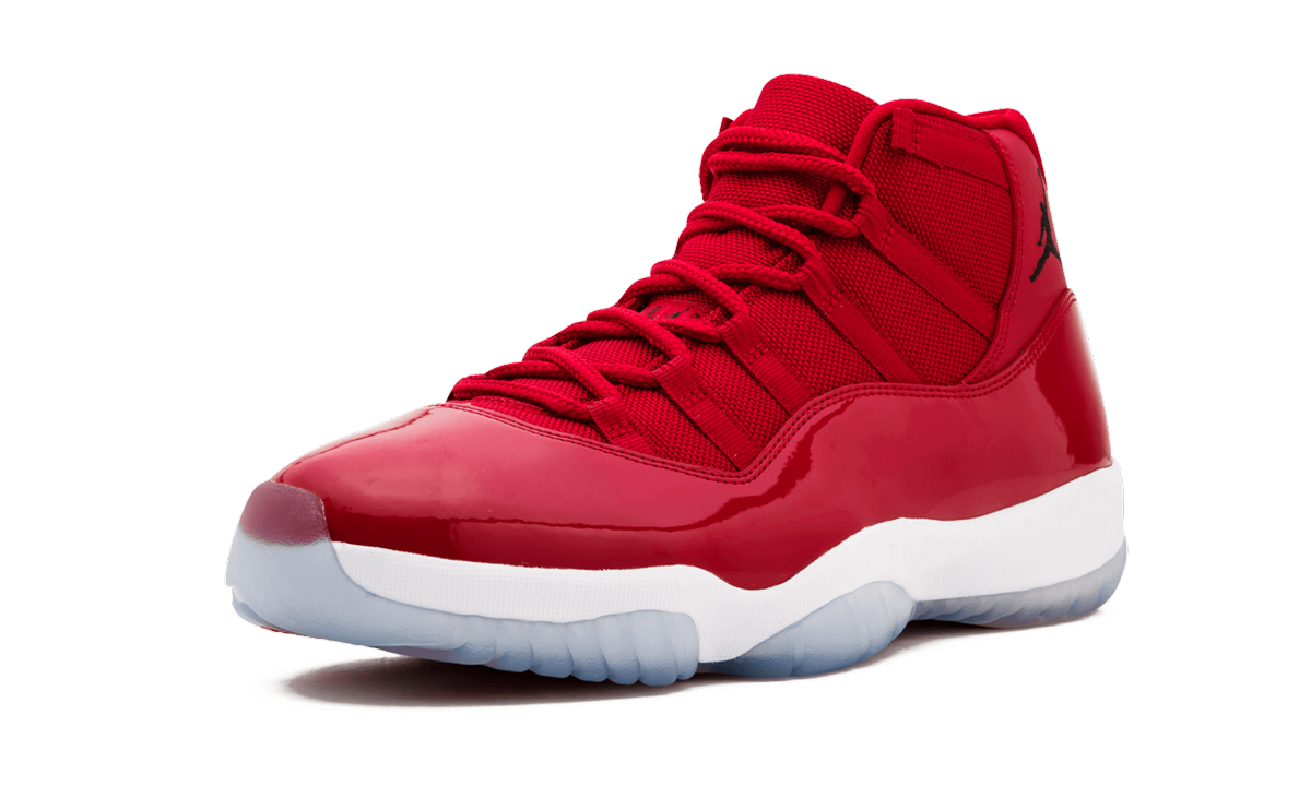 Lichte Air Jordan 11 Retro "Win Like 96" schoenen in zwart en wit met glanzende details en witte zool.