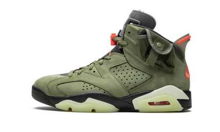 Sneakers Air Jordan 6 Retro "Cactus Jack" door Travis Scott, zwart en grijs met opvallende details en merklogo.