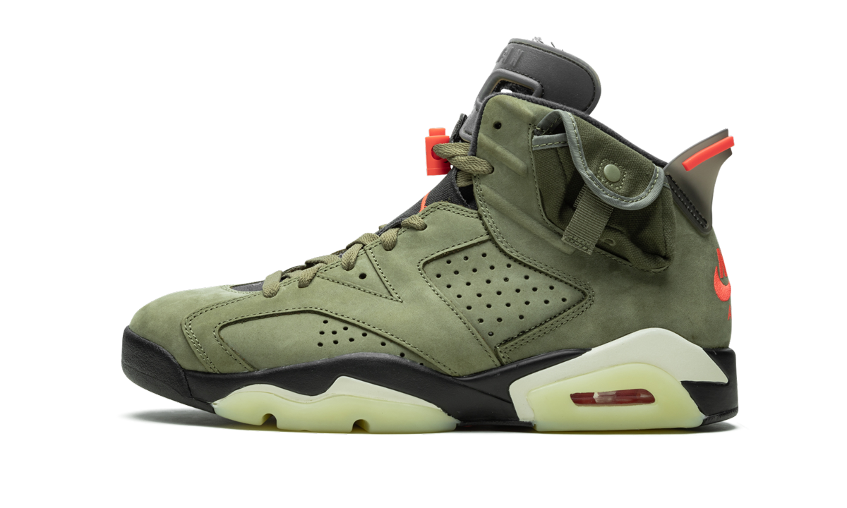 Sneakers Air Jordan 6 Retro "Cactus Jack" door Travis Scott, zwart en grijs met opvallende details en merklogo.