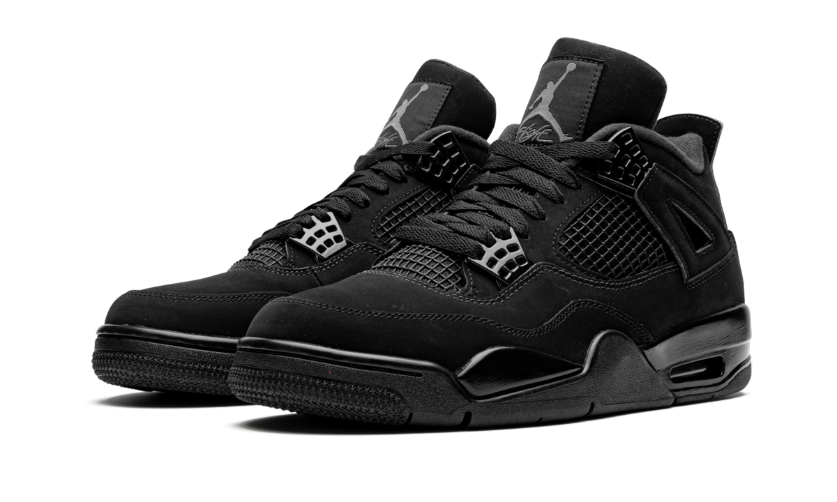 Zwarte Air Jordan 4 Retro "Black Cat 2020" sneakers met zwarte leren bovenkant en witte details, ontworpen door Mijn winkel.