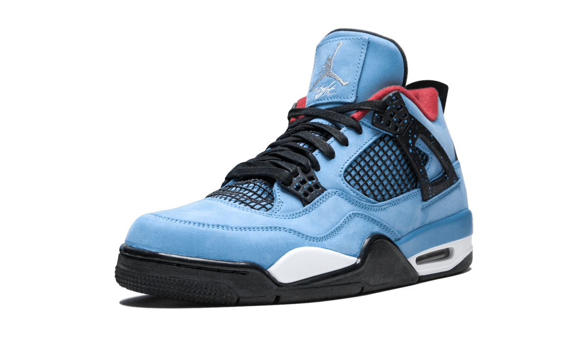 Sneakers Air Jordan 4 Retro "Travis Scott - Cactus Jack" met zwart en bruine details, zichtbaar op de afbeelding.