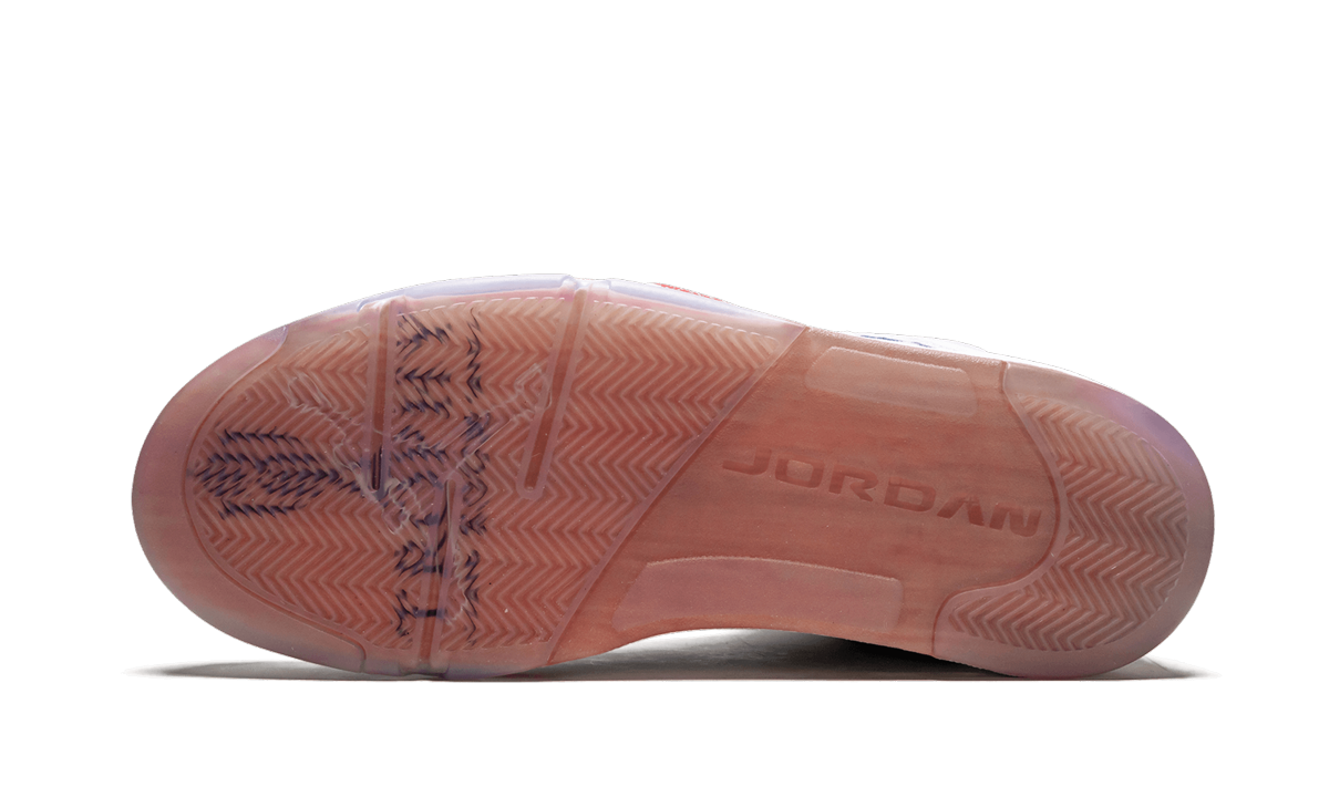 Lichte Air Jordan 5 Retro "Trophy Room" sneakers in zwart en wit, zichtbaar vanaf de zijkant, met kenmerkende details en merklogo