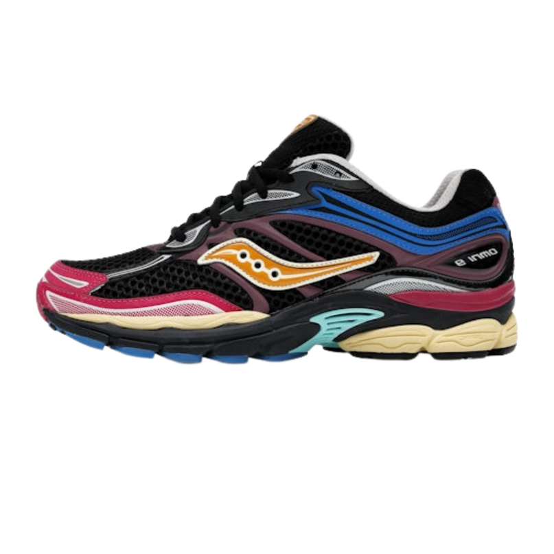 Sneakers van het merk CAPE EXCLUSIVES, Saucony ProGrid Omni 9 zwart met multicolor details, comfortabele sportschoen.