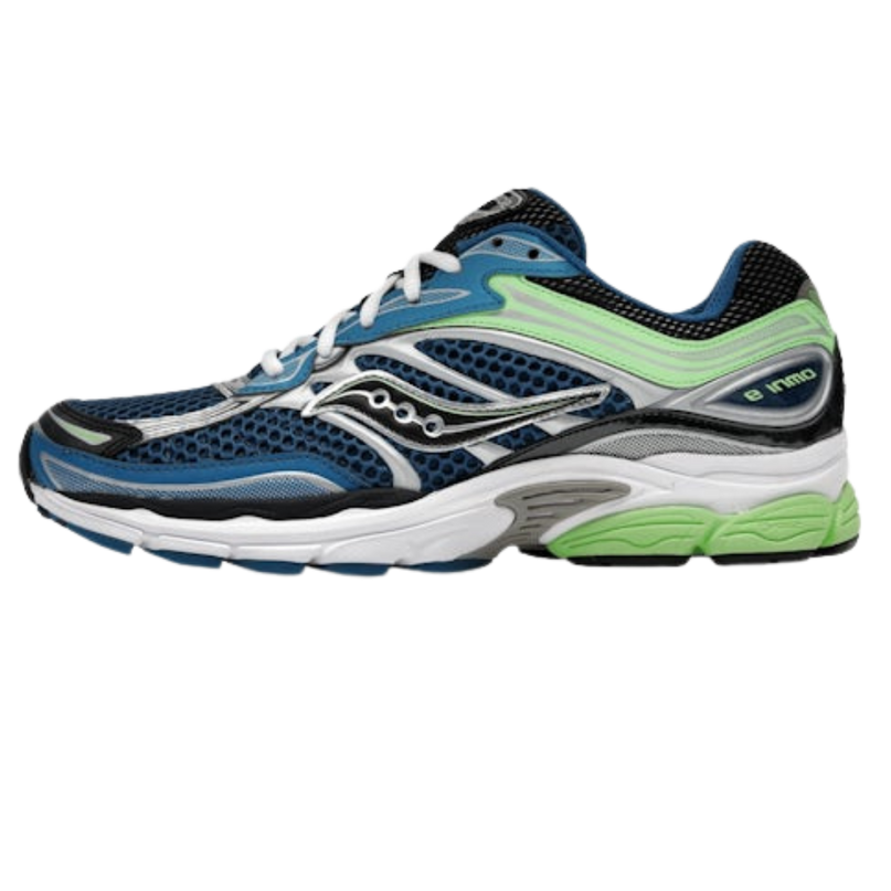 Schoenen van Saucony ProGrid Omni 9 in blauw en lime, sneakers voor hardlopen, CAPE EXCLUSIVES merk, zichtbare details van de schoen