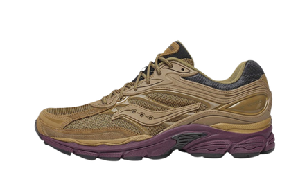 Dames sneakers van Saucony ProGrid Omni 9 in bruin en bordeaux, met ademende zool en sportieve uitstraling.