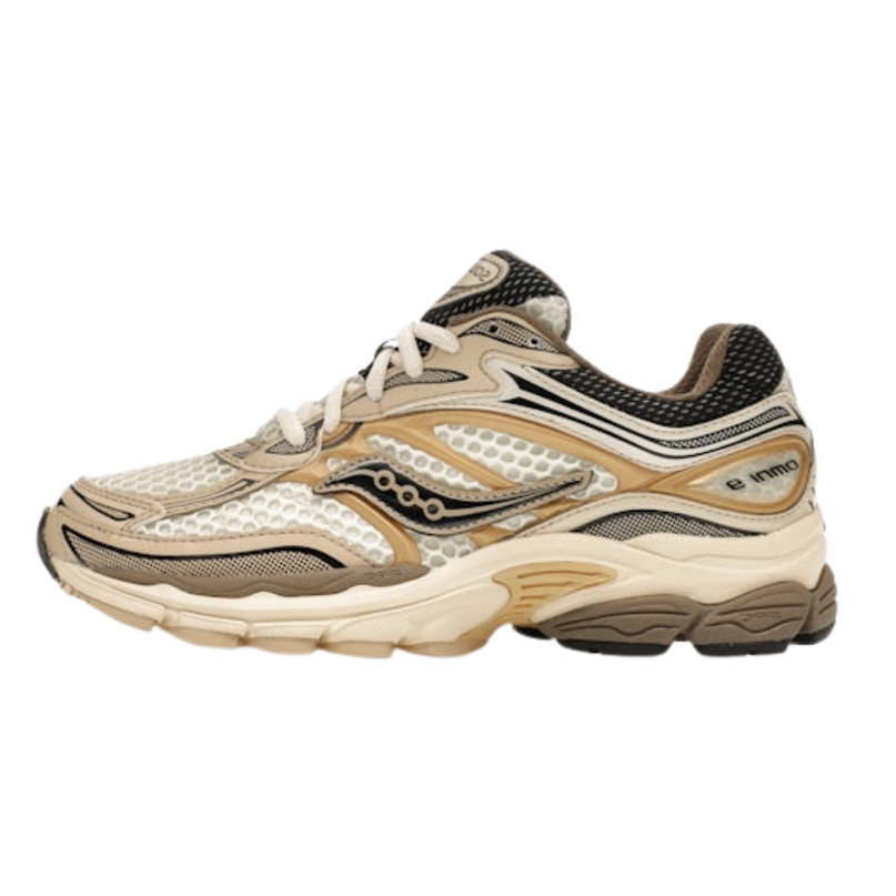 Gouden Saucony ProGrid Omni 9 sneakers van CAPE EXCLUSIVES, soepel leer en mesh met sportieve details en comfortabele zool
