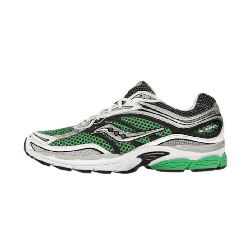 Sneakers van Saucony ProGrid Omni 9 OG in groen en zilver, met sportieve details en ademend ontwerp.