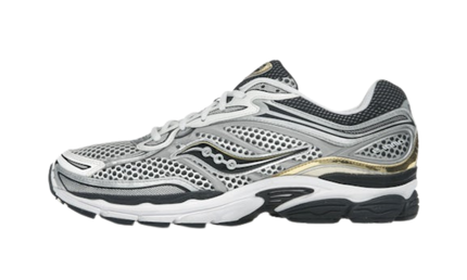 Zilveren en gouden Saucony ProGrid Omni 9 sneakers van CAPE EXCLUSIVES, met sportieve uitstraling en comfortabele pasvorm.