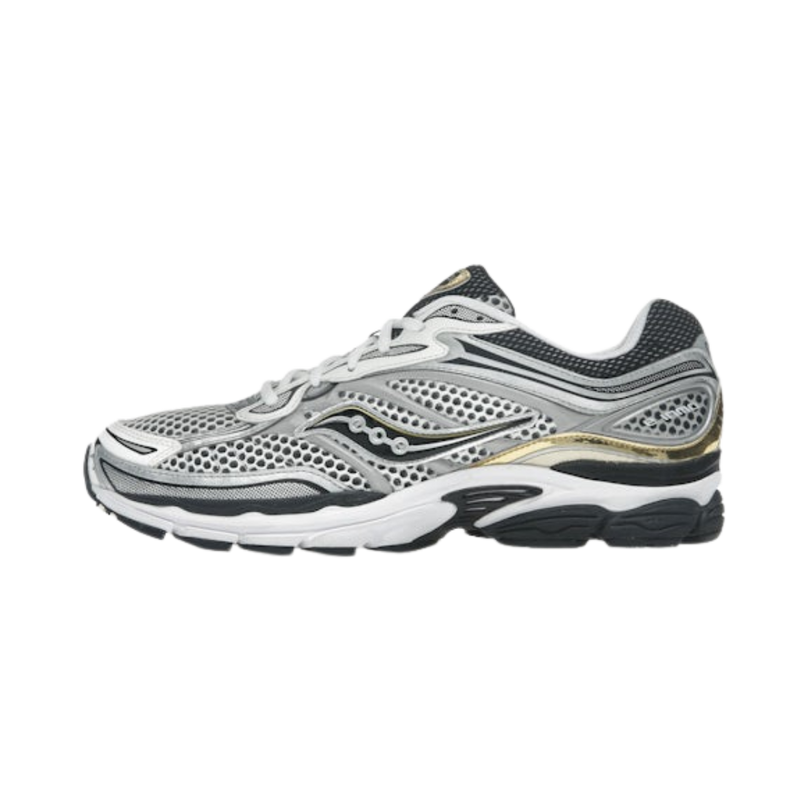 Zilveren en gouden Saucony ProGrid Omni 9 sneakers van CAPE EXCLUSIVES, met sportieve uitstraling en comfortabele pasvorm.