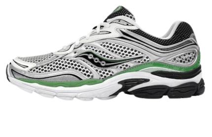 Zilveren en groene Saucony ProGrid Omni 9 sneakers voor dames, met ademend mesh en ondersteunende zool.
