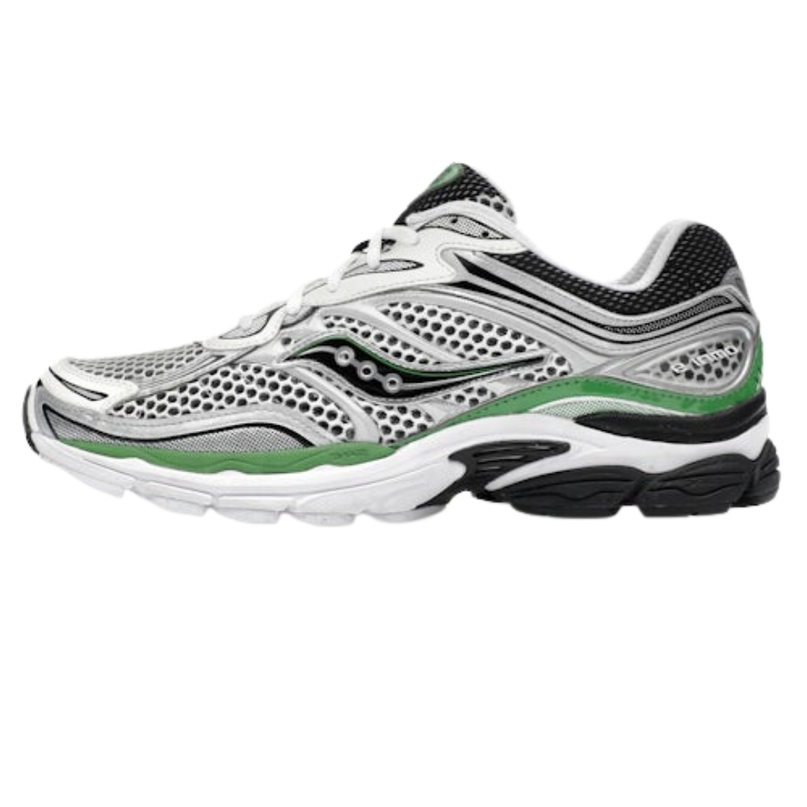 Zilveren en groene Saucony ProGrid Omni 9 sneakers voor dames, met ademend mesh en ondersteunende zool.