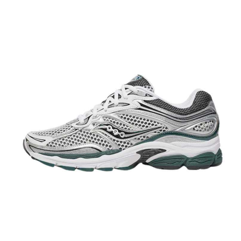 Witte en groene Saucony ProGrid Omni 9 sneakers met wit en groen design, geschikt voor hardlopen en training.