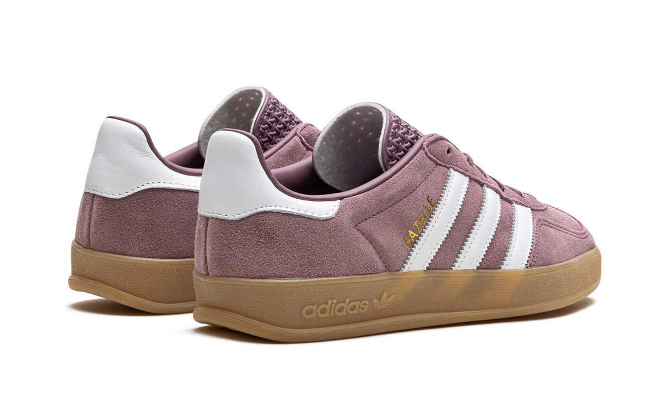 Dames Adidas Gazelle Indoor schoenen in Shadow Fig kleur, wit en grijs, comfortabele sportschoenen voor binnenactiviteiten