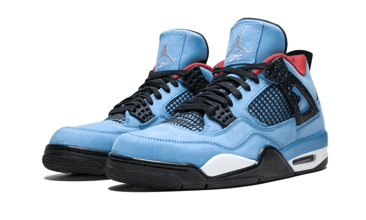 Lichte Air Jordan 4 Retro schoenen in zwart en rood met Travis Scott en Cactus Jack branding, details zichtbaar in de afbeelding.