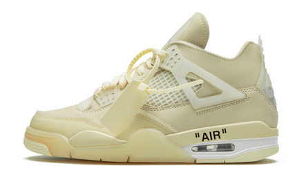 Witte Air Jordan 4 Retro SP WMNS schoenen met Off-White details, zwart en beige accenten, zichtbaar op de afbeelding.