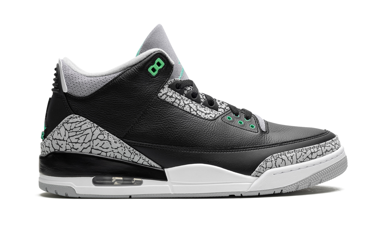 Groene glow Air Jordan 3 Retro schoenen voor heren met opvallend design en witte details, geschikt voor sneakerliefhebbers.