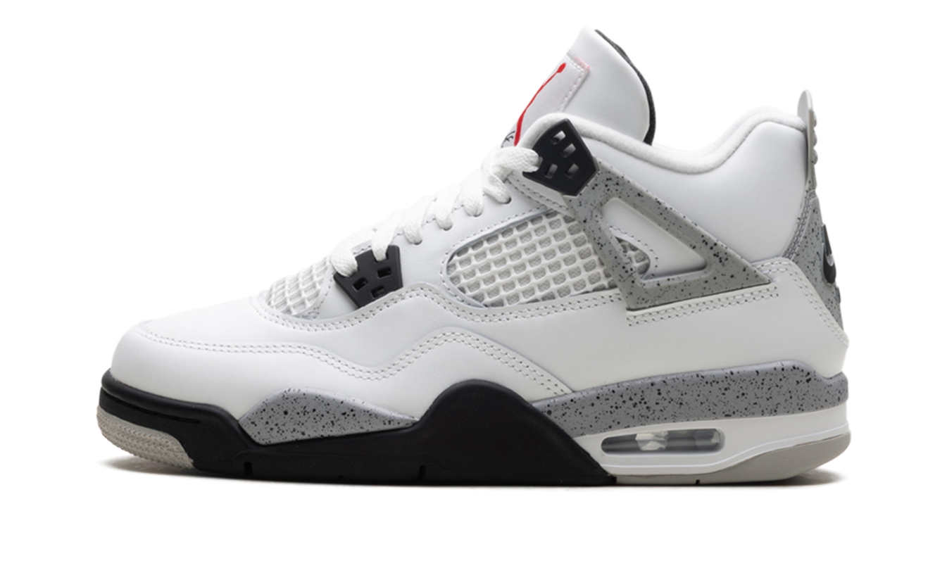 Witte Air Jordan 4 Retro GS schoenen met cementpatroon en zwarte details, sneakers voor meisjes en jongeren