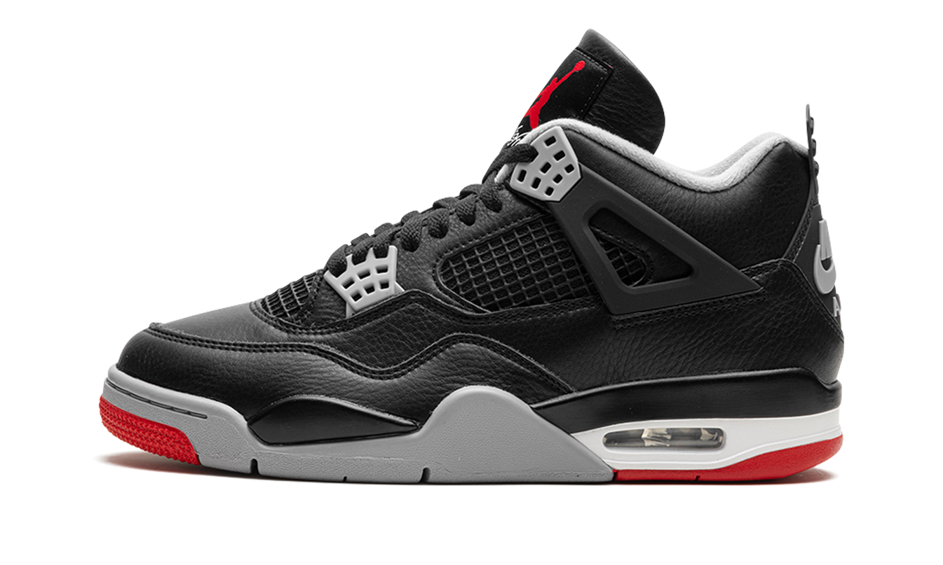 Zwarte Air Jordan 4 "Bred Reimagined" basketbalschoenen van Mijn winkel, close-up van de details en materialen.