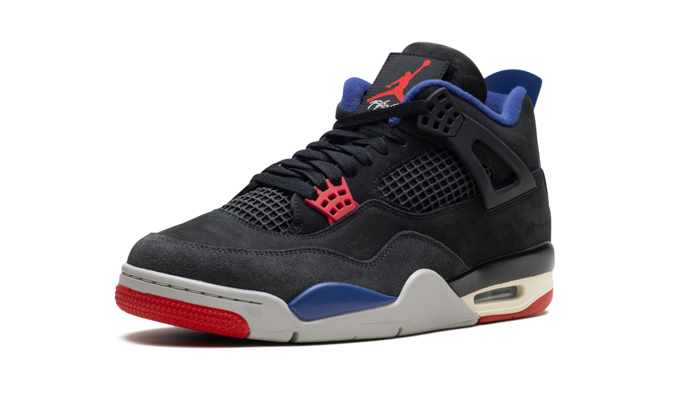 Zwarte Air Jordan 4 "Rare Air" sneakers met witte details en rubberzool, zichtbaar van de zijkant.