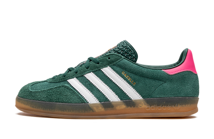 Dames Adidas Gazelle Indoor schoenen in Collegiate Green en Lucid Pink, zachte sportschoenen met groene en roze details.