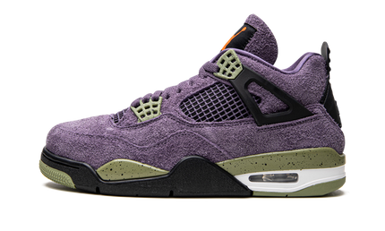 Lucht Jordan 4 WMNS "Canyon Purple" schoenen met paarse en grijze details, zichtbaar op de afbeelding.