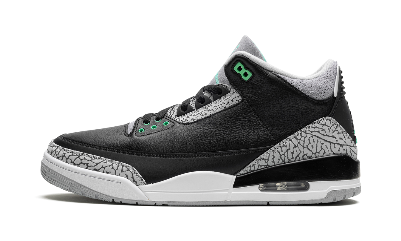 Groene glow Air Jordan 3 Retro sneakers met leren bovenwerk en witte details, stijlvolle sportschoenen voor heren