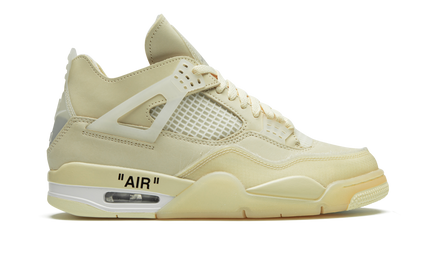 Witte Air Jordan 4 Retro SP WMNS sneakers met Off-White details, zichtbaar in close-up van de schoenen.