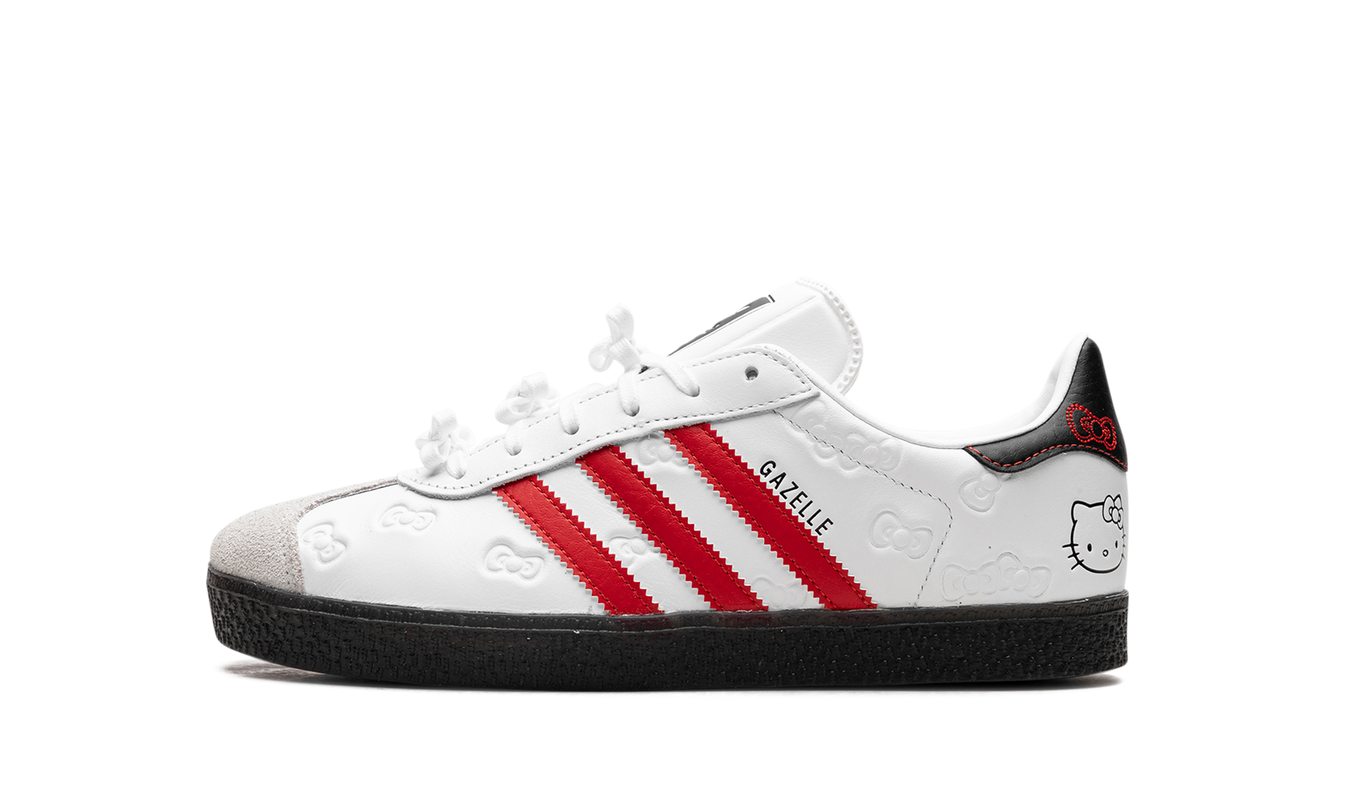 Sportieve Adidas Gazelle GS "Hello Kitty" schoenen met roze en witte details, perfect voor casual draagstijl.