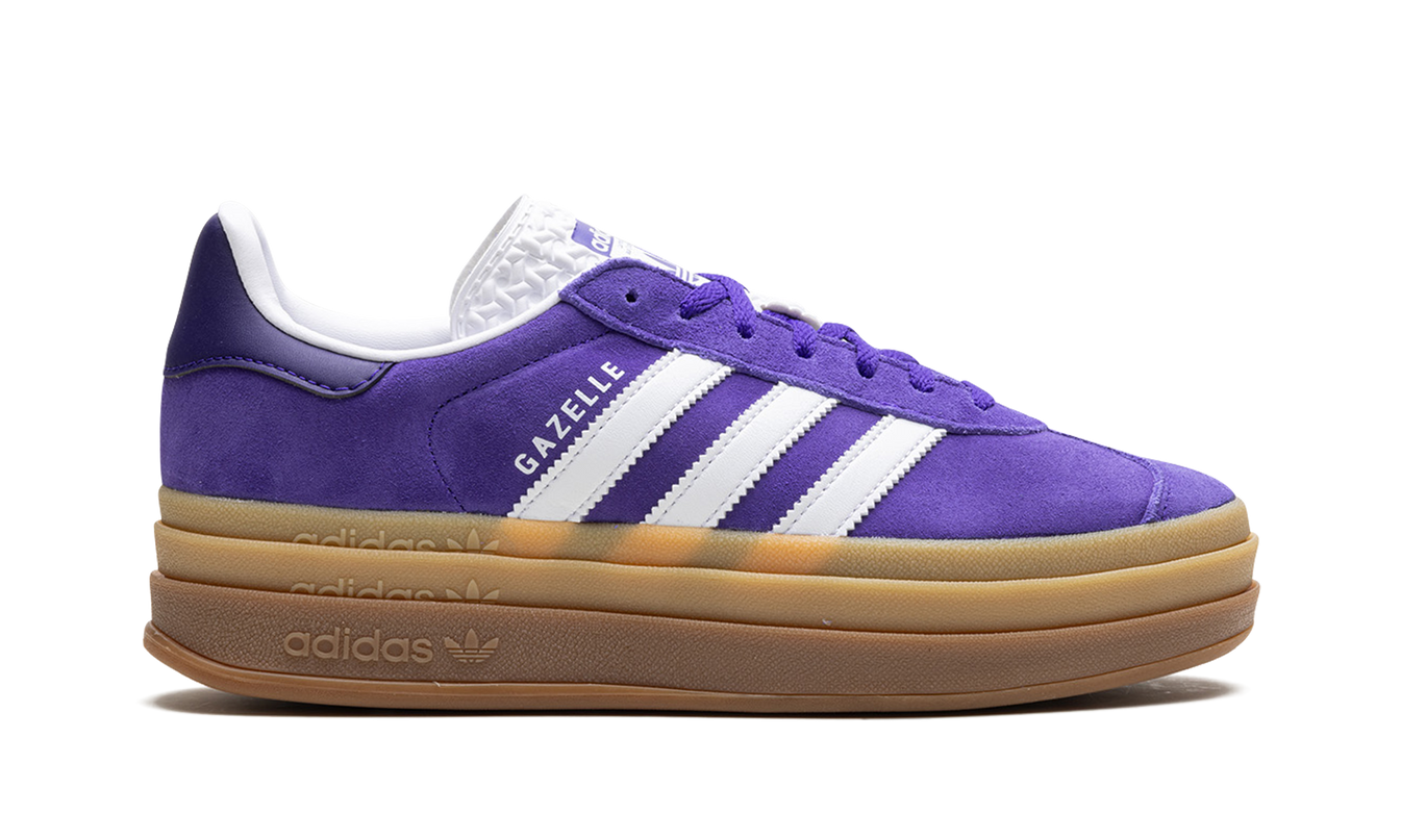 paar Adidas Gazelle Bold WMNS schoenen in paars, sportieve dames sneakers met leren bovenwerk en witte zool