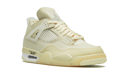 Witte Air Jordan 4 Retro SP WMNS schoenen met Off-White design en Sail details, zichtbaar van de zijkant en met veters