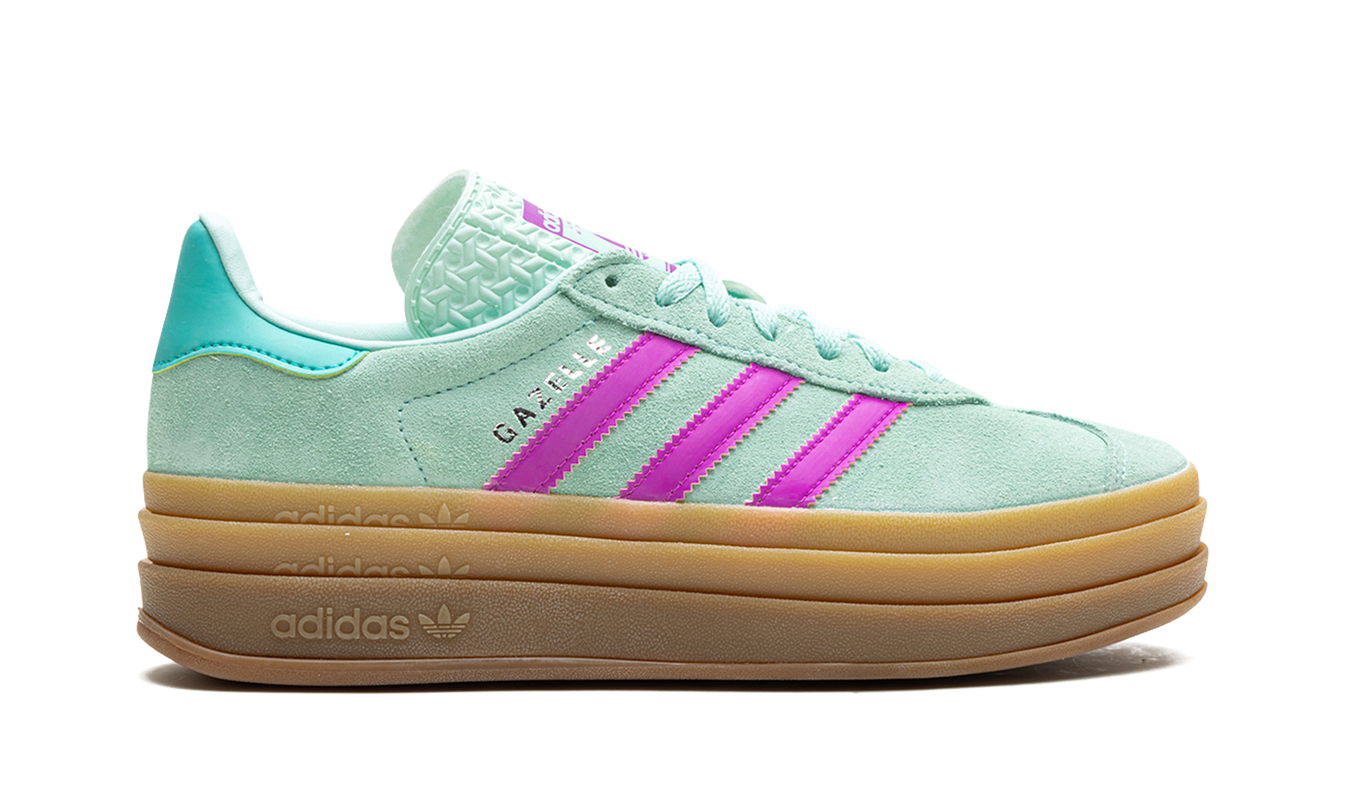 Adidas Gazelle Bold GS schoenen in turquoise en roze, sportieve sneakers voor kinderen, detail van de kleurrijke bovenkant en zool.