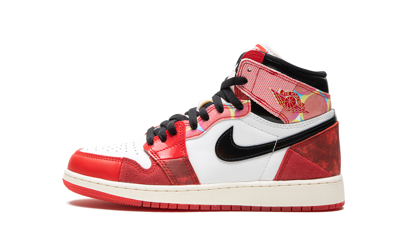 Lichte Air Jordan 1 High OG GS schoenen met Spider-Man Across the Spider-Verse ontwerp en opvallende kleurdetails