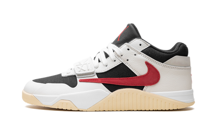Nike Jumpman Jack Travis Scott universiteit rood schoenen met rode en zwarte details, zichtbaar van voren en zijaanzicht.