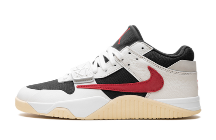 Nike Jumpman Jack Travis Scott universiteit rood schoenen met rode en zwarte details, zichtbaar van voren en zijaanzicht.
