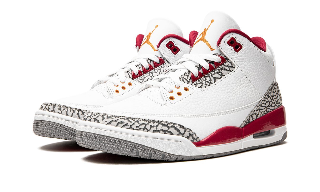 Sneakers Air Jordan 3 "Cardinal" in rood en wit met leren bovenkant en witte zool, ontworpen door Mijn winkel.